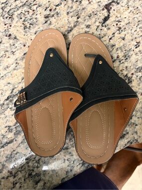 Women's Black Slip-On Sandals with Gold Accent